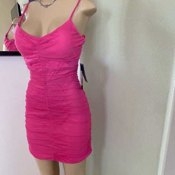 NEW Bebe Hot Pink Ruched Stretch Mini Dress - Picture 2 of 13